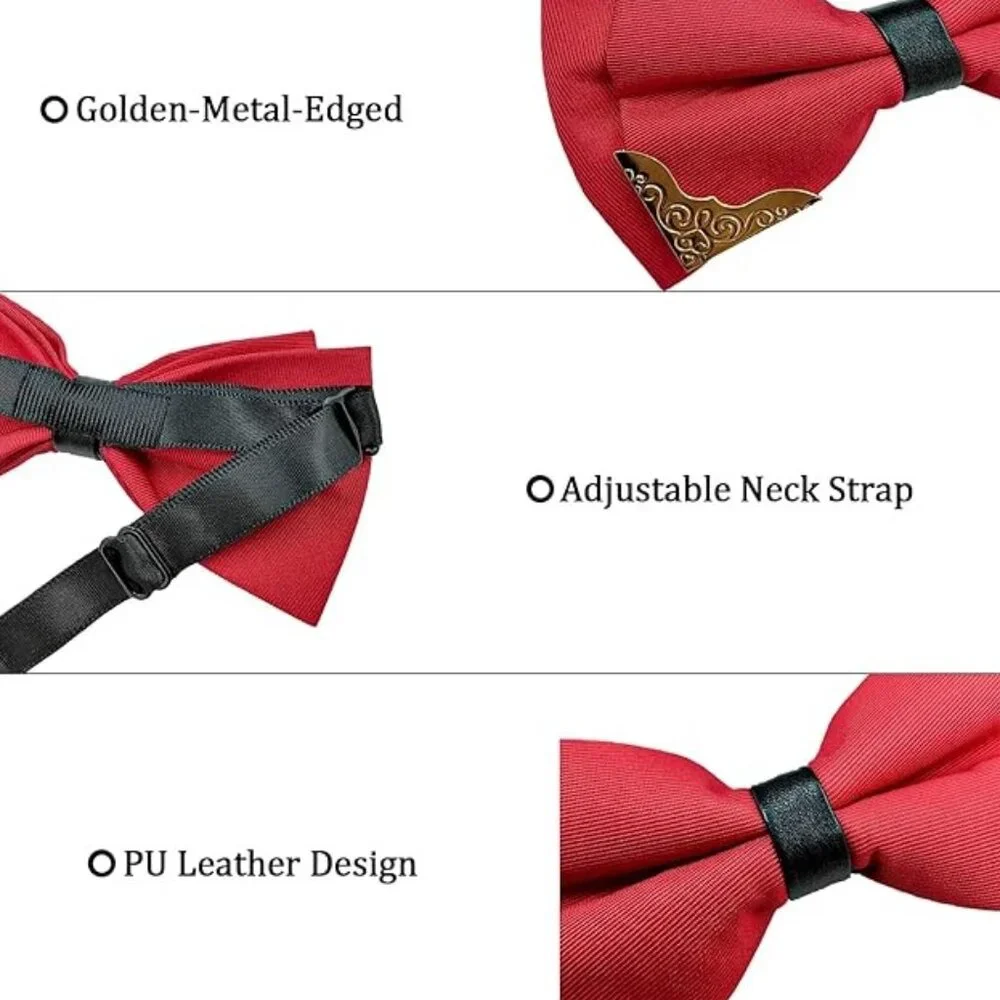 Golden Metal Edged PU Leather Satin Bowtie Necktie Bow Tie Blue - Picture 3 of 3